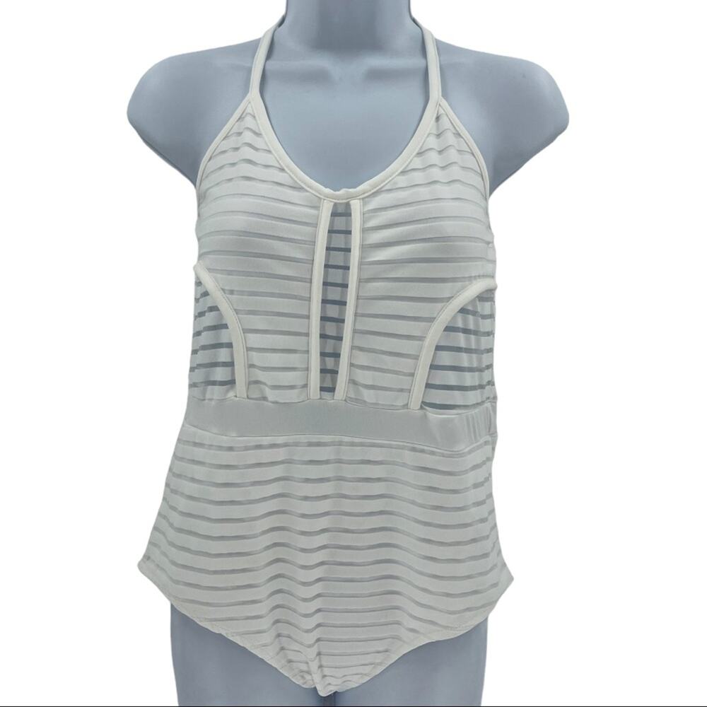 White Women's Sheer Striped One Piece Swimsuit Size Large L
